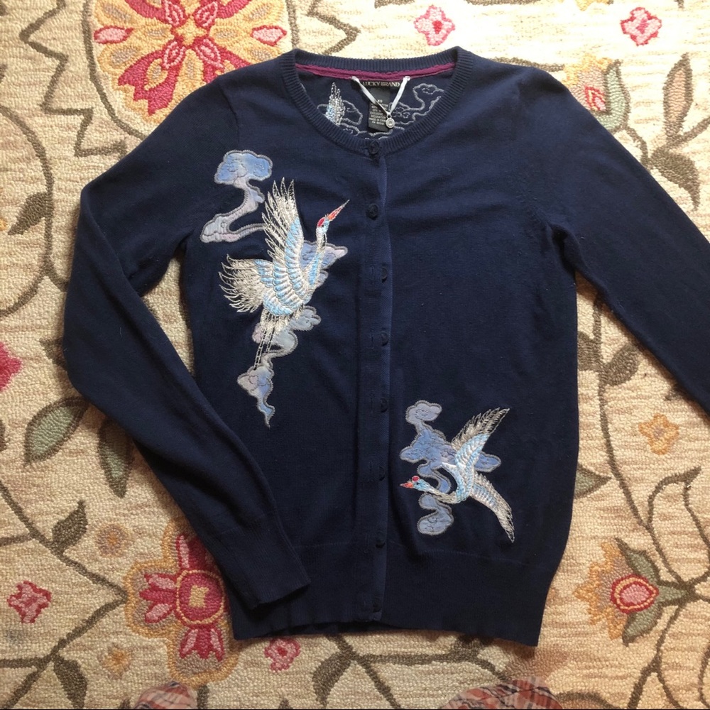 LUCKY Brand Embroidered Crane Bird Navy Cardigan